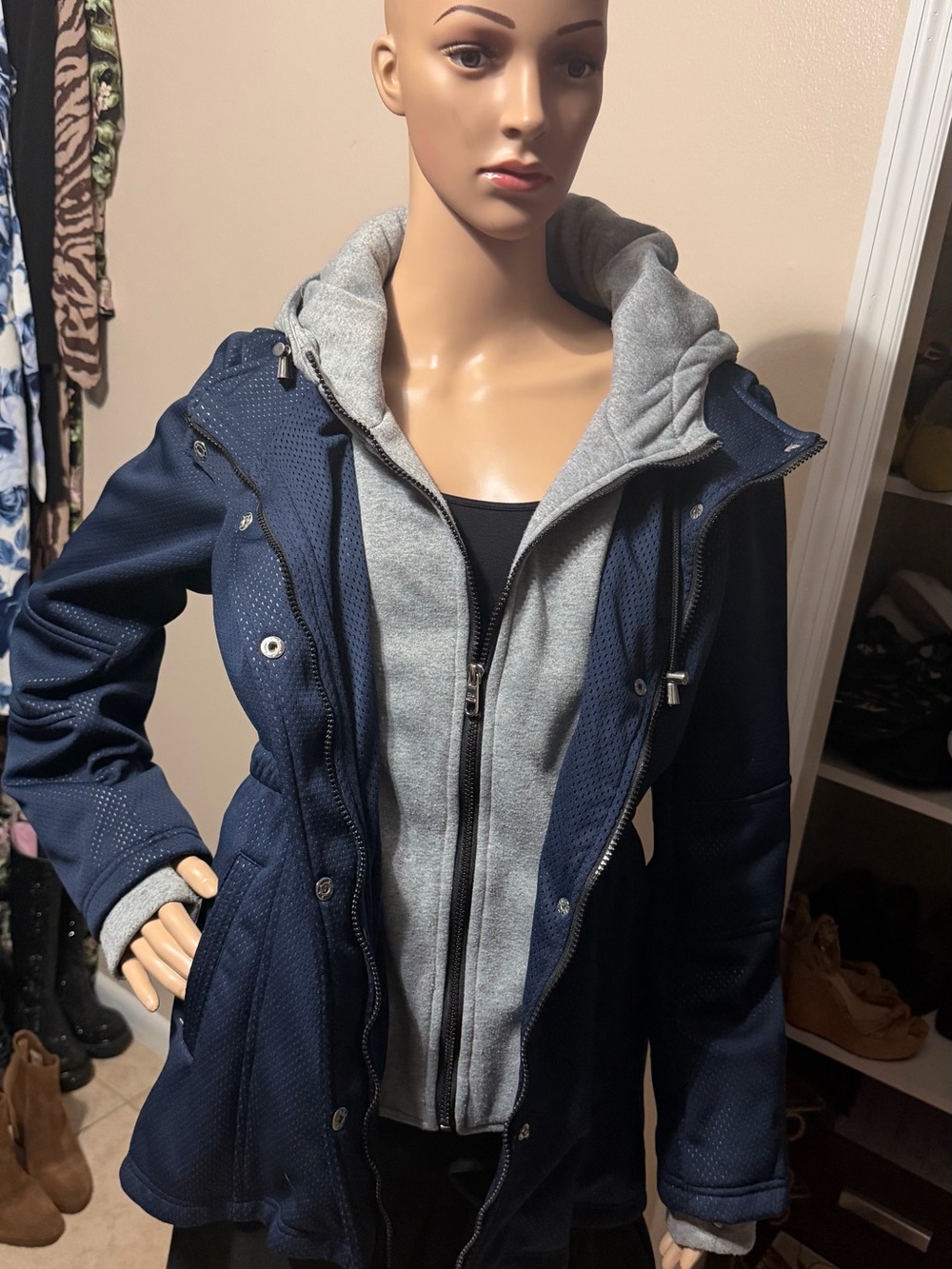 Steve Madden Women's Navy & Hooded Jacket w/Layered Gray Knot Hood and Cuffs
